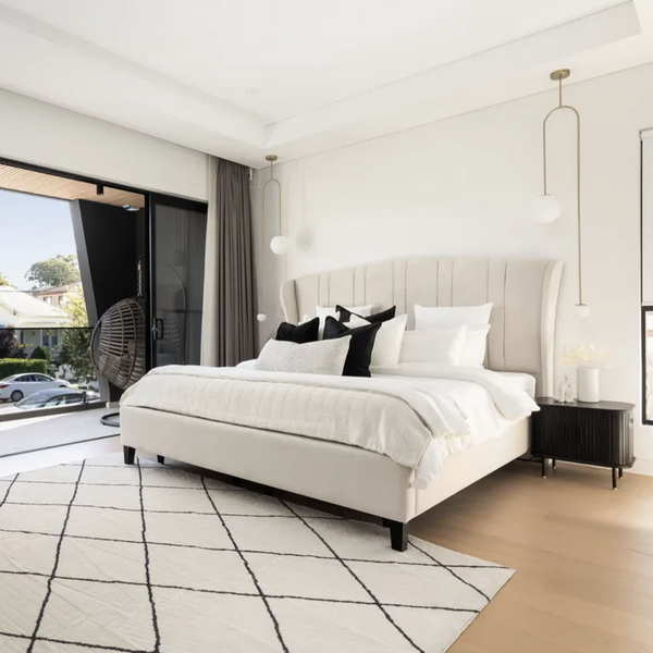 modern bedroom with brass pendant lights dual arm frosted glass 